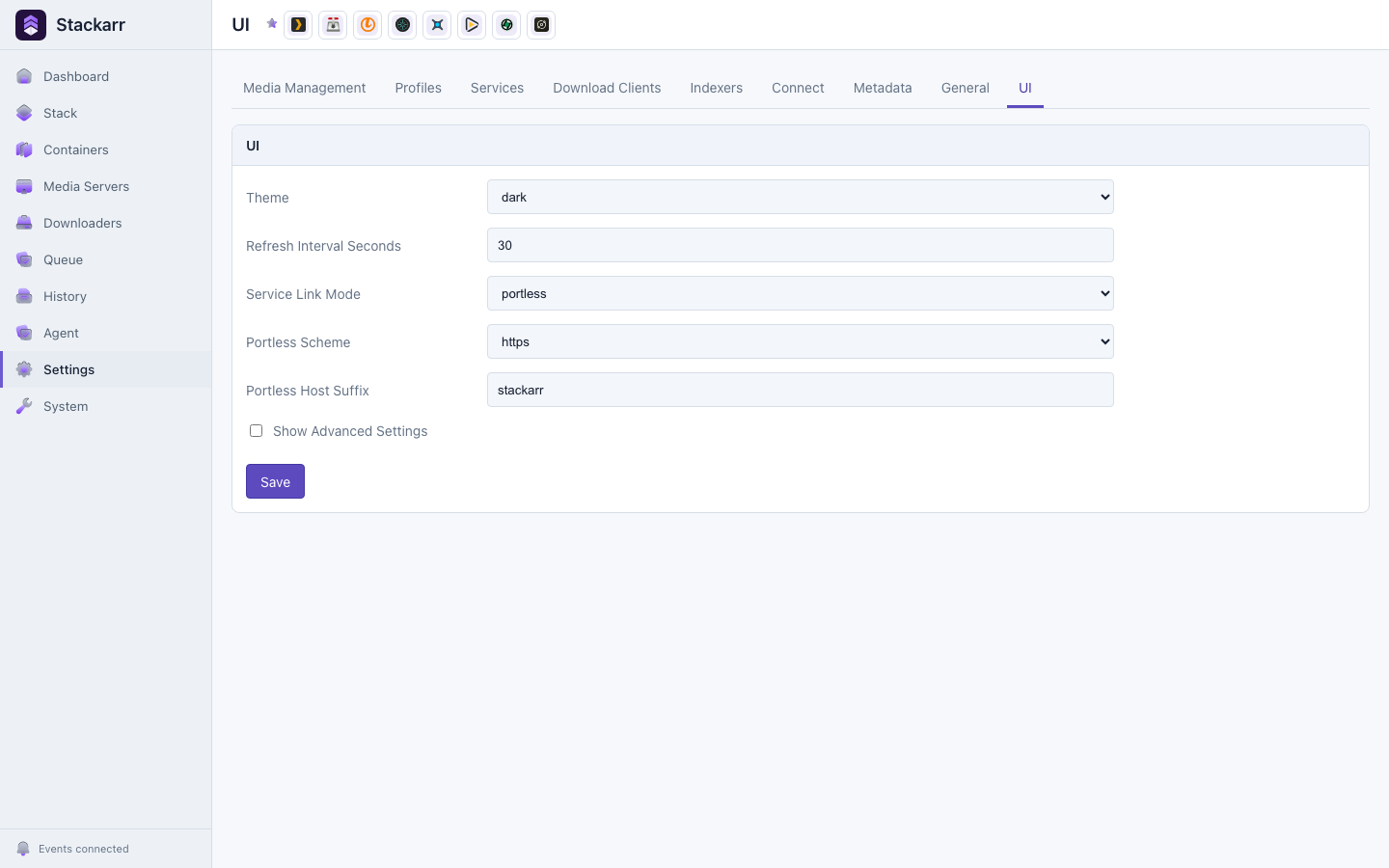 Stackarr UI settings screen