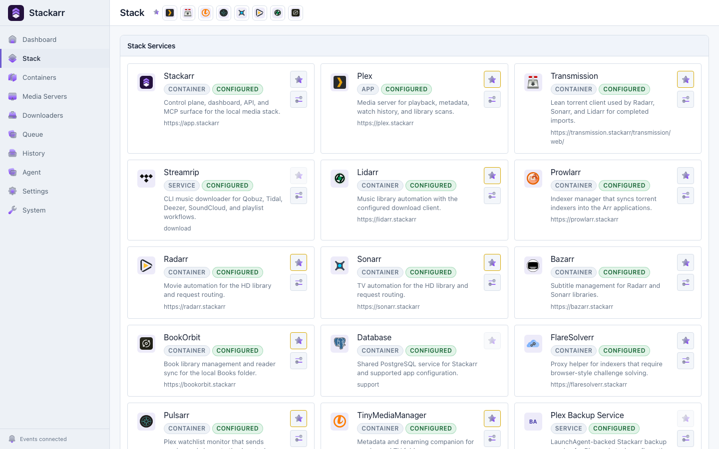 Stackarr Stack services screen